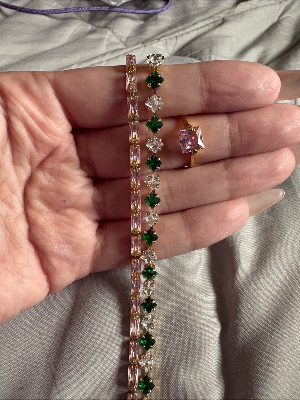 Elegant Pink & Green Crystal Bracelet and Ring Set - Women Jewelry